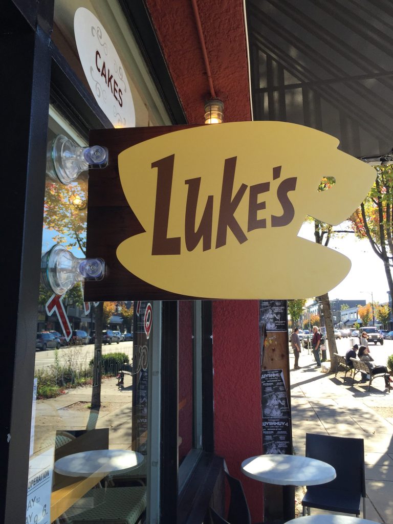 Temporary Luke's Diner Sign outside of Trafiq Cafe & Bakery