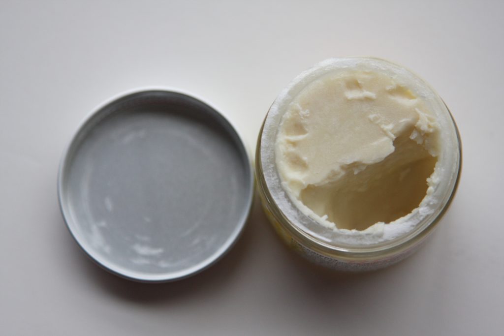 Open jar showing the texture of the Meow Meow Tweet Baking Soda Free Deodorant Cream