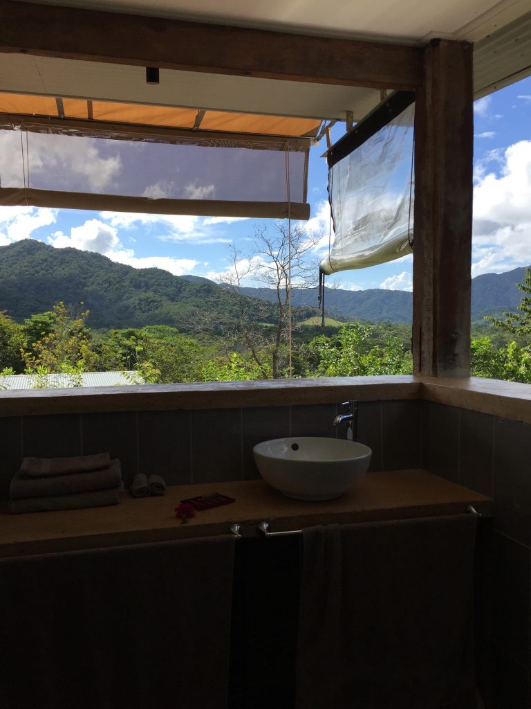view of the Daintree Rainforest out of the windowless windows in the bathroom of the Wompoo Eco Retreat
