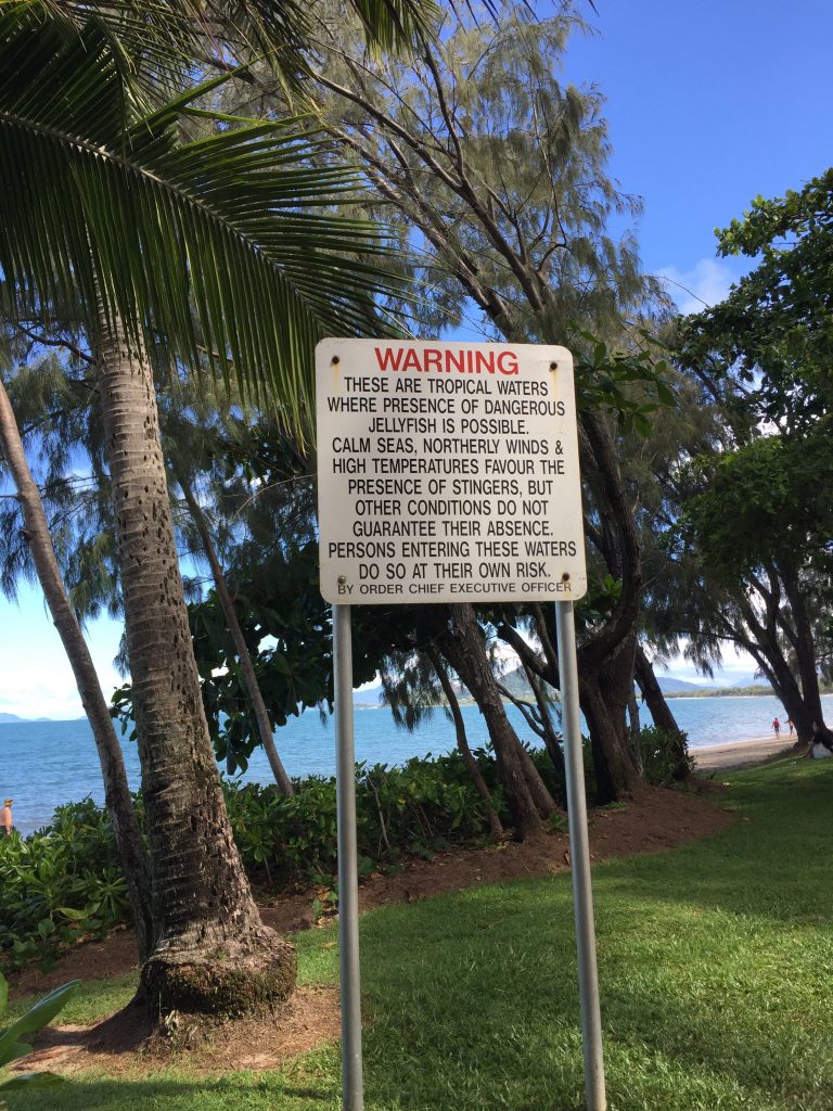 warning sign on the beach in Palm Cove