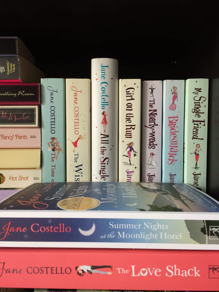 The Jane Costello book collection on the book shelf including last two books in front - favourite authors