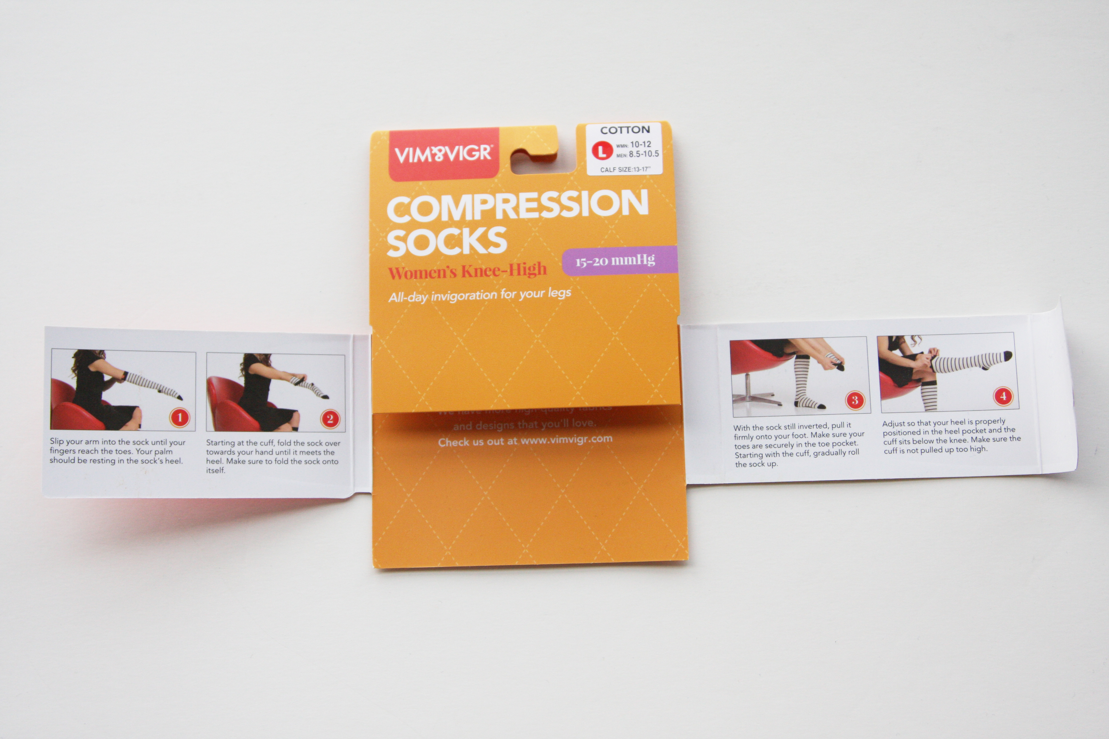 VIM & VIGR Compression Socks instructions in the packaging