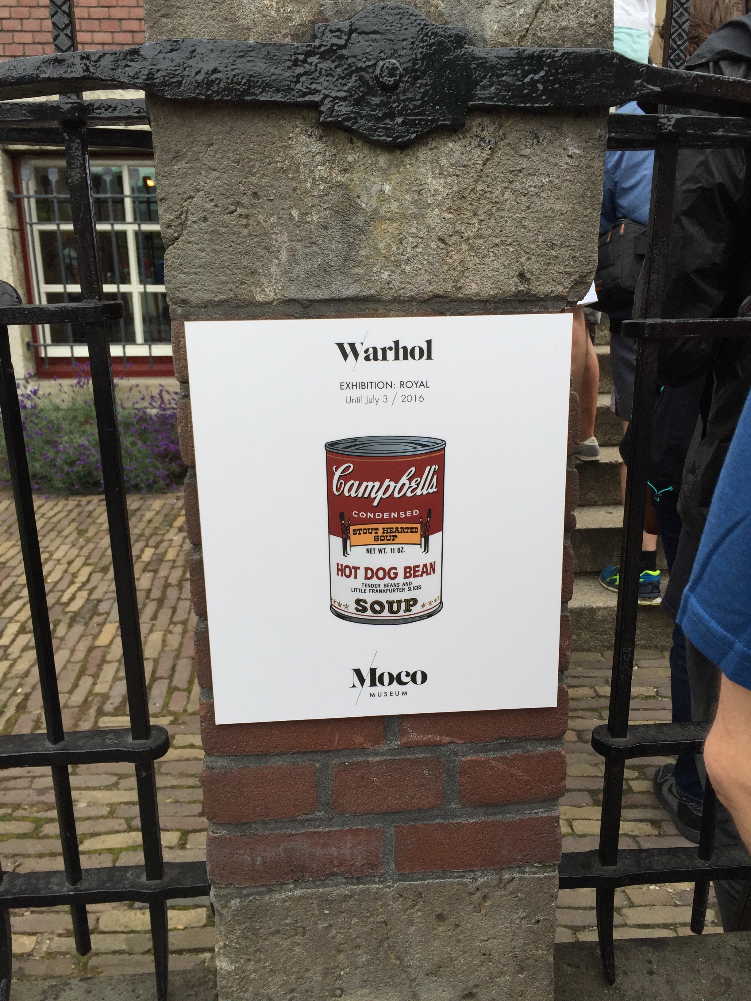 Moco Museum Warhol Campbell's Soup sign on the fence post outside of the museum in Amsterdam