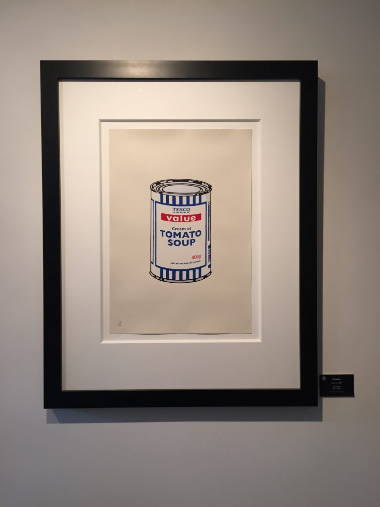 framed Banksy Tesco Soup Can Poster inside the Moco Museum in Amsterdam