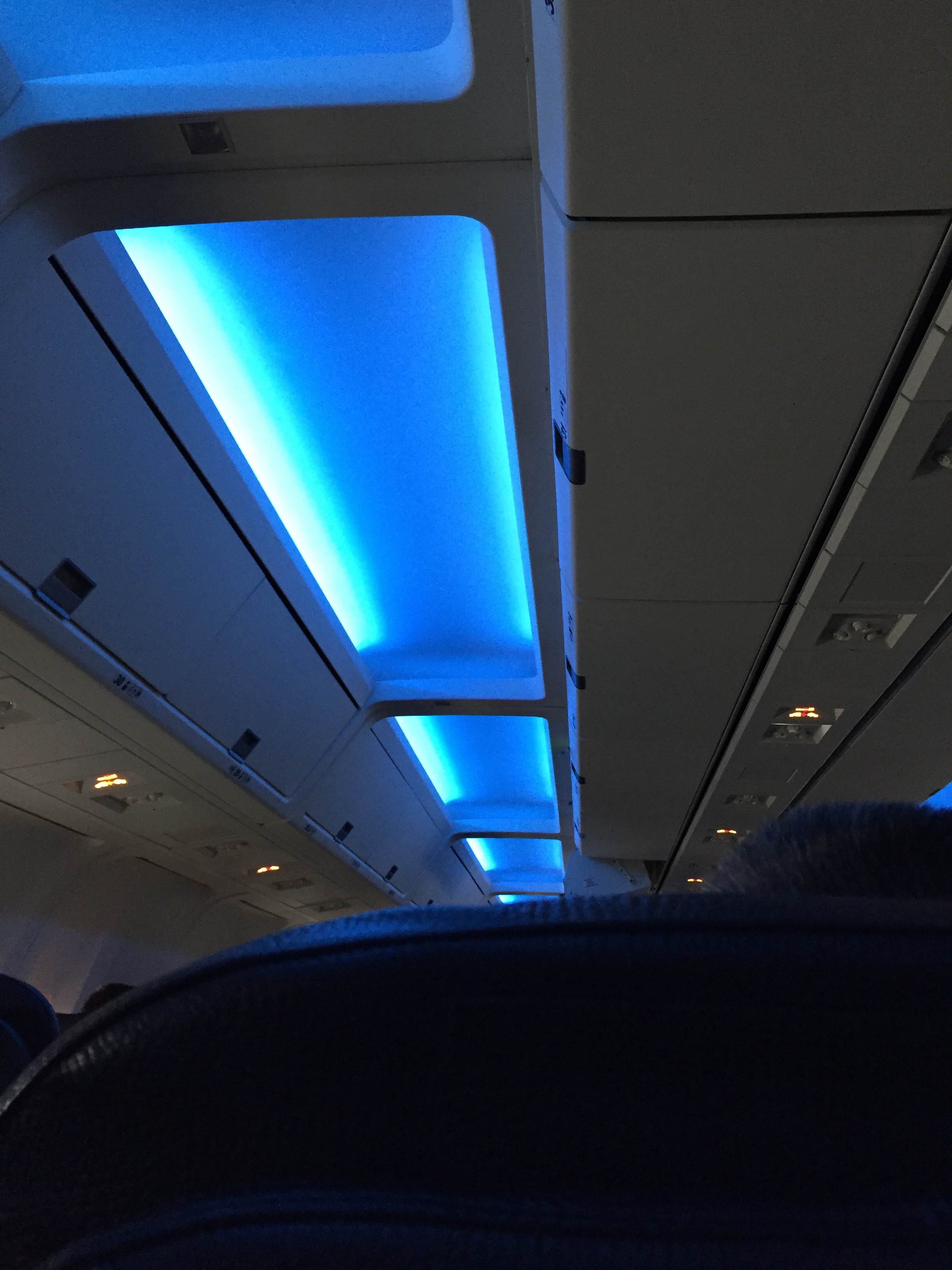 Calming Blue Lights in the ceiling of the Westjet Airplane to London