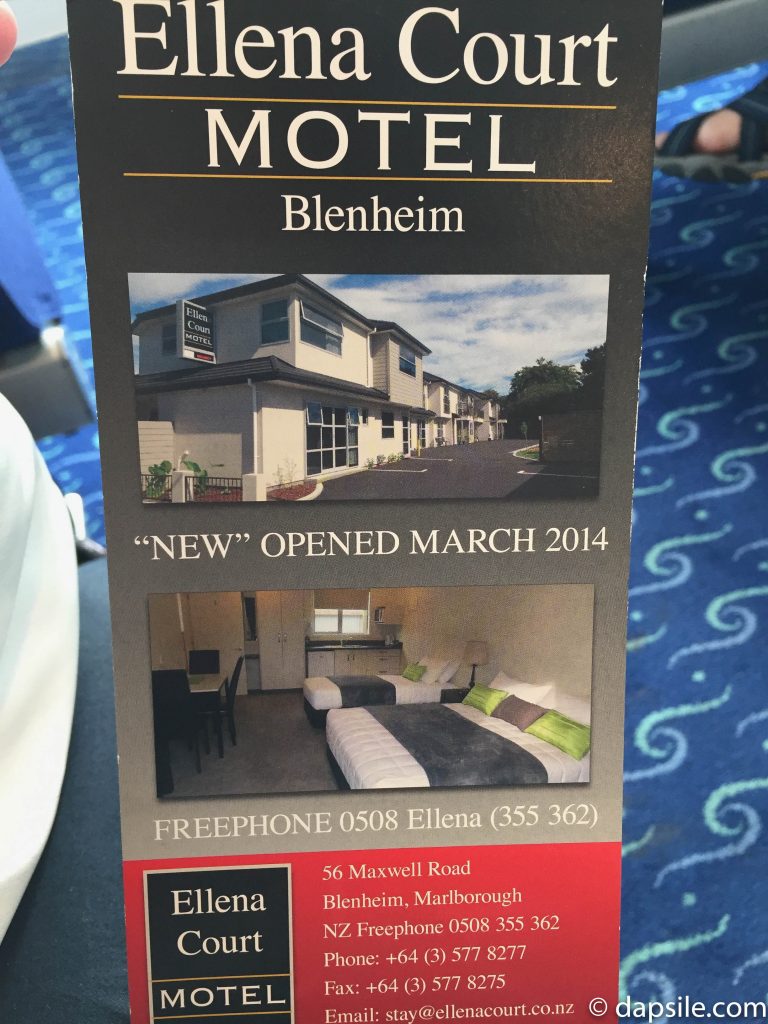 Ellena Court Motel Flyer in Blenheim driving from Christchurch to Wellington New Zealand