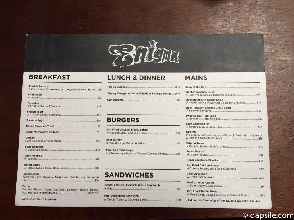 Enigma Cafe Menu in Wellington New Zealand