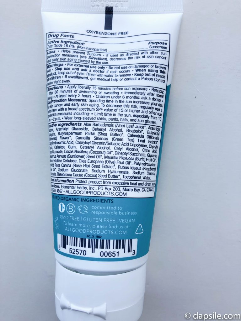 the back of the All Good sunscreen showing ingredients, instructions, and the certifications