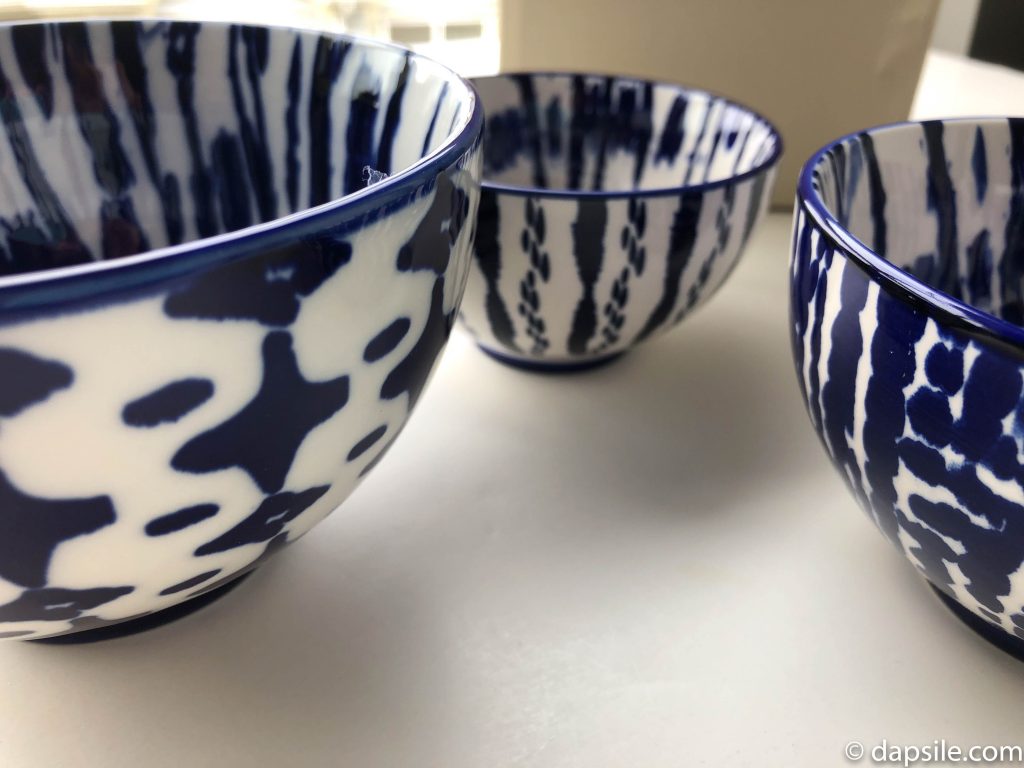 West Elm Indigo Tie-Dye Bowls showing size with InvisiBobbles side view showing patterns