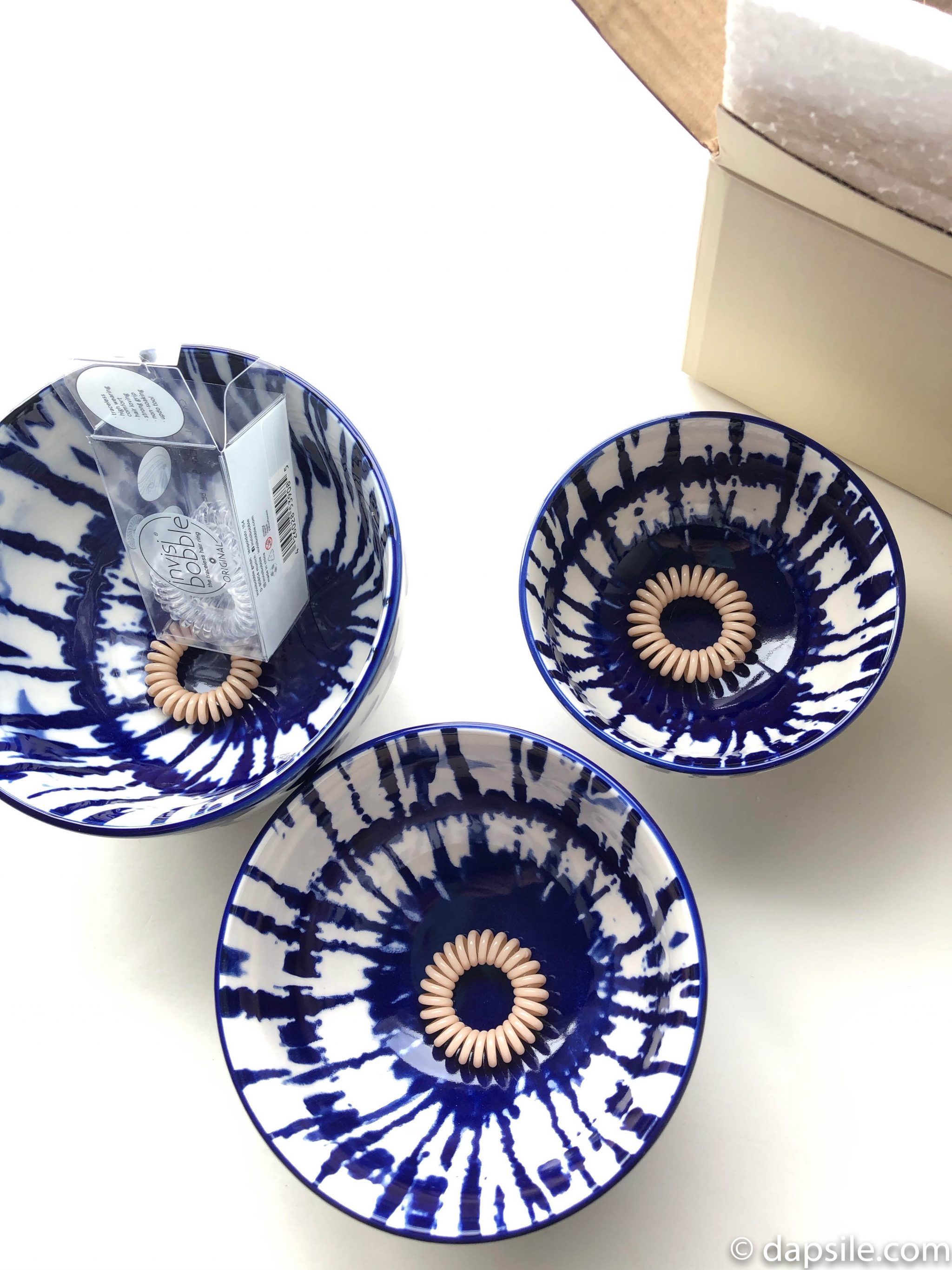 West Elm Indigo Tie-Dye Bowls from the top showing size with InvisiBobbles