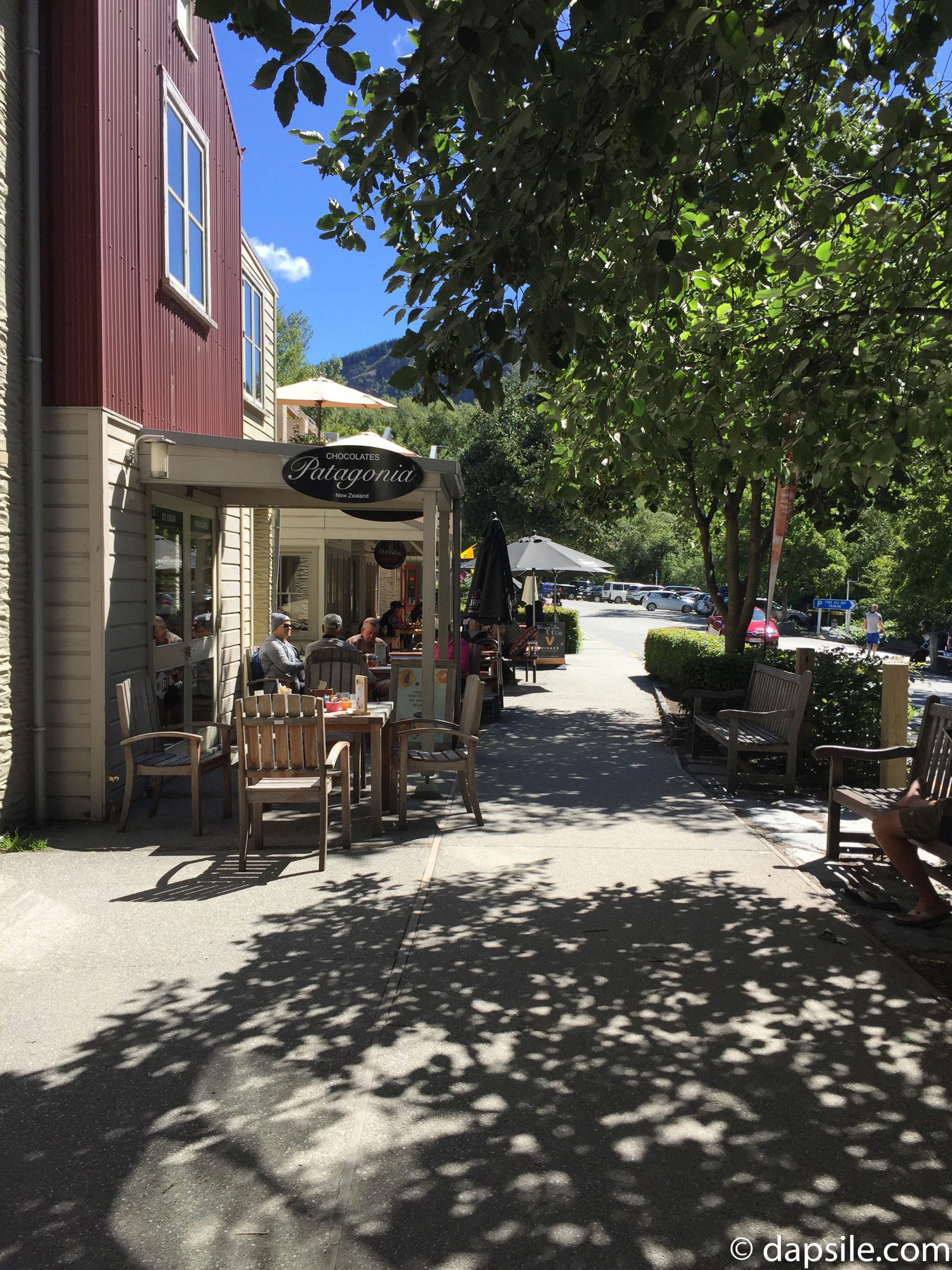 Patagonia Chocolates building on the tree lined road in Arrowtown